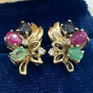 Vintage gold plated real ruby sapphire emerald clear CZ gemstones post earrings